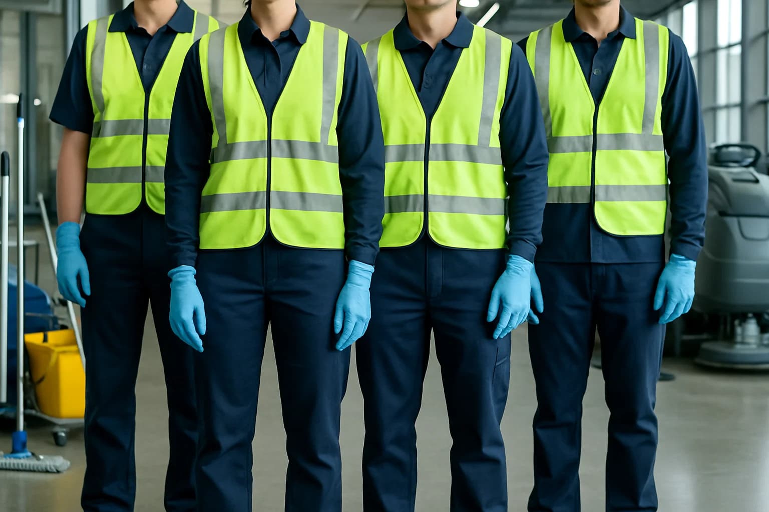 Team di cinque operai pulizie in uniforme blu con attrezzature professionali